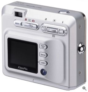 Fuji's FinePix F410 digital camera. Courtesy of Fuji, with modifications by Michael R. Tomkins. Click for a bigger picture!