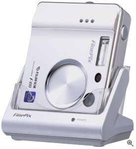 Fuji's FinePix F410 digital camera. Courtesy of Fuji, with modifications by Michael R. Tomkins. Click for a bigger picture!