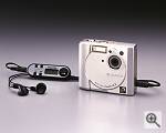Fuji's FinePix 40i digital camera, front left quarter view with headphones attached. Courtesy of Fuji Photo Film U.S.A. Inc. - click for a bigger picture!
