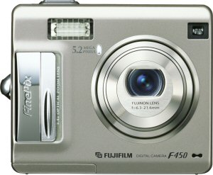 Fujifilm's FinePix F450 digital camera. Courtesy of Fujifilm, with modifications by Michael R. Tomkins. Click for a bigger picture!