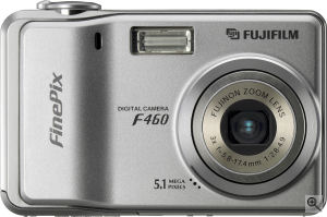 Fujifilm's FinePix F460 digital camera. Courtesy of Fujifilm, with modifications by Michael R. Tomkins. Click for a bigger picture!