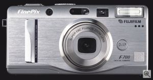 Fuji's FinePix F700 digital camera. Courtesy of Fuji, with modifications by Michael R. Tomkins. Click for a bigger picture!