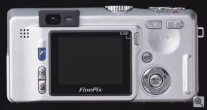 Fuji's FinePix F700 digital camera. Courtesy of Fuji, with modifications by Michael R. Tomkins. Click for a bigger picture!