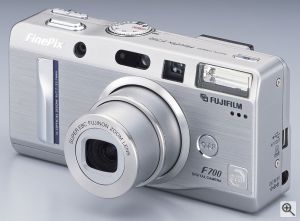 Fuji's FinePix F700 digital camera. Courtesy of Fuji, with modifications by Michael R. Tomkins. Click for a bigger picture!