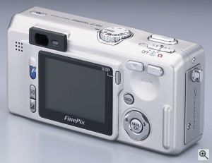 Fuji's FinePix F700 digital camera. Courtesy of Fuji, with modifications by Michael R. Tomkins. Click for a bigger picture!