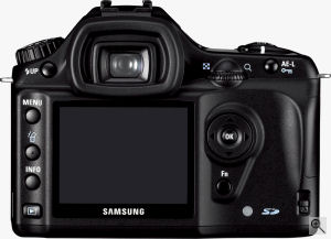 Samsung's GX-1L digital SLR. Courtesy of Samsung, with modifications by Michael R. Tomkins. Click for a bigger picture!