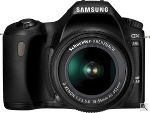 Samsung's GX-1S digital SLR. Courtesy of Samsung, with modifications by Michael R. Tomkins. Click for a bigger picture!
