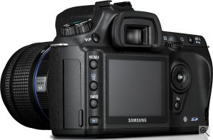 Samsung's GX-1S digital SLR. Courtesy of Samsung, with modifications by Michael R. Tomkins. Click for a bigger picture!