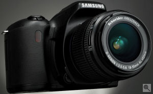 Samsung's GX-1S digital SLR. Courtesy of Samsung, with modifications by Michael R. Tomkins. Click for a bigger picture!