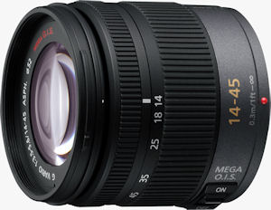 Panasonic's LUMIX G VARIO 14-45mm/F3.5-5.6 ASPH./MEGA O.I.S. lens. Courtesy of Panasonic, with modifications by Michael R. Tomkins. Click for a bigger picture!