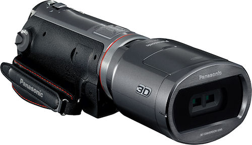 Front quarter view of the Panasonic HDC-SDT750 with 3D conversion lens attached. Photo provided by Panasonic Consumer Electronics Co. Click for a bigger picture!