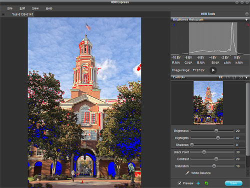 Two buttons at the top corners of the histogram separately enable red highlight and blue shadow clipping warnings. A play button beneath allows the ramp of brightness values in the scene to be previewed over the space of a few seconds. Screenshot copyright © 2010, Imaging Resource. All rights reserved. All rights reserved. Click for a bigger picture!