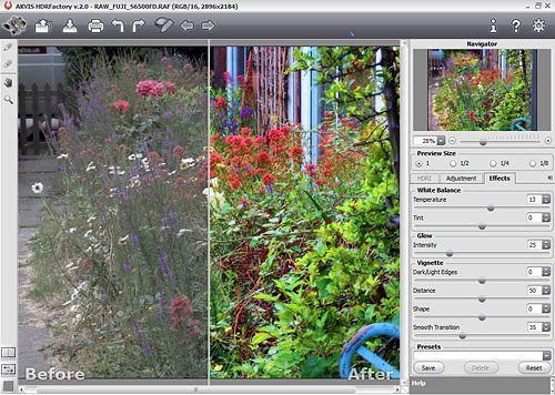 Previewing effects with the side-by-side before and after views in HDRFactory v2.0. Screenshot provided by Akvis Lab LLC. Click for a bigger picture!