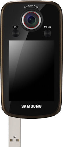 Samsung's HMX-E10 camcorder, rear view showing built-in USB jack. Photo provided by Samsung Electronics Co. Ltd.