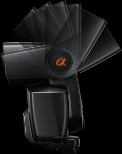 Sony's HVL-F58AM flash strobe mounted on the Alpha α-700 digital SLR. Courtesy of Sony, with modifications by Michael R. Tomkins. Click for a bigger picture!