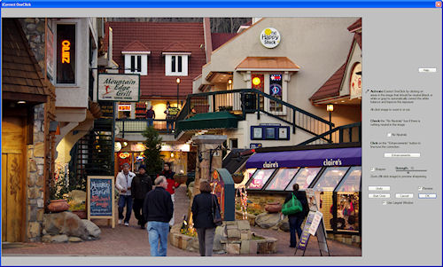 iCorrect OneClick resizes itself to fit the screen when 'Use Largest Window' is checked. A single click on a neutral target in the image adjusts white balance and exposure. You can also auto-correct images that don't have a neutral target, and adjust sharpening. Screenshot copyright © 2010, Imaging Resource. All rights reserved. Click for a bigger picture!