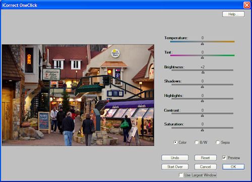 iCorrect OneClick provides manual adjustments for temperature, tint, brightness, shadows, highlights, contrast, and saturation. It can also convert images to black & white or sepia Screenshot copyright © 2010, Imaging Resource. All rights reserved. Click for a bigger picture!