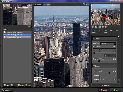 The Topaz InFocus plugin in use. Screenshot provided by Topaz Labs LLC. Click for a bigger picture!