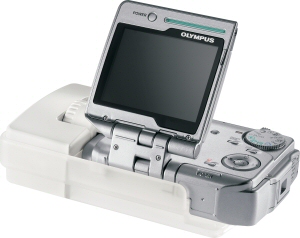 Olympus' i:robe IR-500 digital camera. Courtesy of Olympus, with modifications by Michael R. Tomkins. Click for a bigger picture!