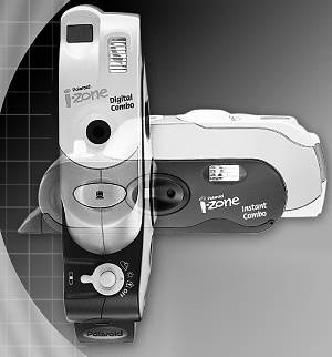 Polaroid's I-Zone 'Combo' camera, shown from both front and top views superimposed on each other. Courtesy of Polaroid.