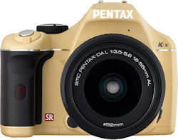 The beige version of the Pentax K-x digital SLR with 18-55mm kit lens. Photo provided by Pentax Imaging Co. Click for a bigger picture!