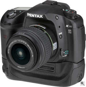 Pentax's K10D single-lens reflex digital camera. Courtesy of Pentax, with modifications by Michael R. Tomkins. Click for a bigger picture!