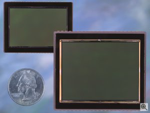 Kodak's KAF-22000CE and KAI-11000CM image sensors, shown with a US quarter for scale. Courtesy of Eastman Kodak Co., with modifications by Michael R. Tomkins. Click for a bigger picture!