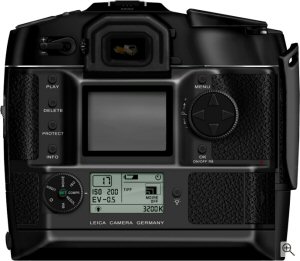 Leica's DIGITAL-MODUL-R on the R9 35mm film camera. Courtesy of Leica, with modifications by Michael R. Tomkins. Click for a bigger picture!