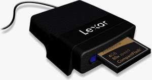 Lexar's stackable Pro Card Reader. Courtesy of Lexar, with modifications by Michael R. Tomkins. Click for a bigger picture!