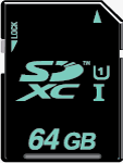 64GB SDXC UHS card showing UHS Speed Class 1 rating. Rendering provided by the SD Association.