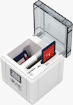 CUBE CF card reader with cover opened to show card slots and storage bay. Photo provided by JOBO AG.