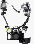 Fantasea Line's F350D waterproof camera housing and related accessories. Courtesy of Fantasea Line, with modifications by Michael R. Tomkins.