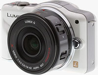 Panasonic's LUMIX G X VARIO PZ 14-42mm F3.5-5.6 ASPH. POWER O.I.S. lens, shown mounted on the Lumix GF3 camera. Copyright © 2011, Imaging Resource. All rights reserved.
