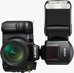 Sony's HVL-F58AM flash strobe mounted on the Alpha α-700 digital SLR. Courtesy of Sony, with modifications by Michael R. Tomkins.