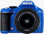 Pentax's K-x digital SLR, front view in blue body color. Photo provided by Pentax Imaging Co.