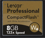 Lexar's 8GB 133x CompactFlash card. Courtesy of Lexar, with modifications by Michael R. Tomkins.