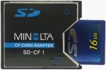 Minolta's SD-CF1 Secure Digital CF card adapter. Courtesy of Minolta, with modifications by Michael R. Tomkins.