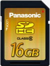 Panasonic's 16GB SDHC card. Courtesy of Panasonic, with modifications by Michael R. Tomkins.