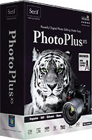PhotoPlus X5's product packaging. Rendering provided by Serif Europe Ltd.