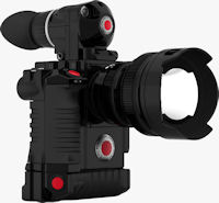 RED Scarlet FF35 24MP DSMC, set up for high res still and motion capture, configured with RED Electronic 15-25/2.8 lens, RED CF Module, REDhandle and Bottom Grip, RED BombEVF and REDmote Control (3/4 front view). Photo and caption provided by RED Digital Cinema Camera Co.