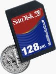 SanDisk's 128MB MultiMediaCard, alongside a dime for scale. Courtesy of SanDisk, with modifications by Michael R. Tomkins.