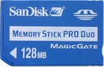 SanDisk's 128MB Memory Stick PRO Duo card. Courtesy of SanDisk, with modifications by Michael R. Tomkins.