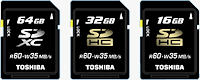 Toshiba's 64GB SDXC, 32GB SDHC and 16GB SDHC cards.  Photo provided by Toshiba Corp.