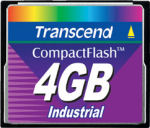 Transcend's 4GB Industrial CompactFlash card. Courtesy of Transcend, with modifications by Michael R. Tomkins.