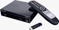 Transcend's TS-DMP10 HD media player with remote control and USB flash drive. Photo provided by Transcend Information Inc.