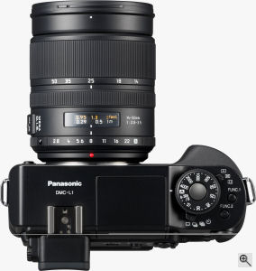 Panasonic's Lumix DMC-L1 digital SLR. Courtesy of Panasonic, with modifications by Michael R. Tomkins. Click for a bigger picture!