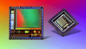 Motorola's MCM20027 CMOS image sensor, shown mounted and unmounted. Courtesy of Motorola.