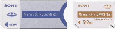 Sony's 512MB MagicGate Memory Stick PRO Duo card and Memory Stick Duo adapter. Courtesy of Sony, with modifications by Michael R. Tomkins. Click for a bigger picture!
