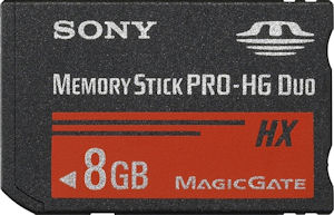 Sony's 8GB Memory Stick PRO-HG Duo HX flash card. Courtesy of Sony, with modifications by Michael R. Tomkins. Click for a bigger picture!