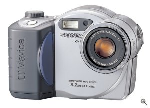 Sony's Mavica MVC-CD350 digital camera. Courtesy of Sony, with modifications by Michael R. Tomkins. Click for a bigger picture!